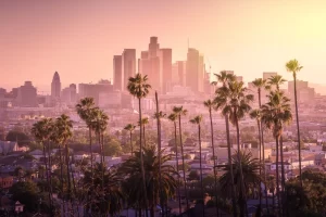 Pink sunset over Los Angeles skyline with palm trees