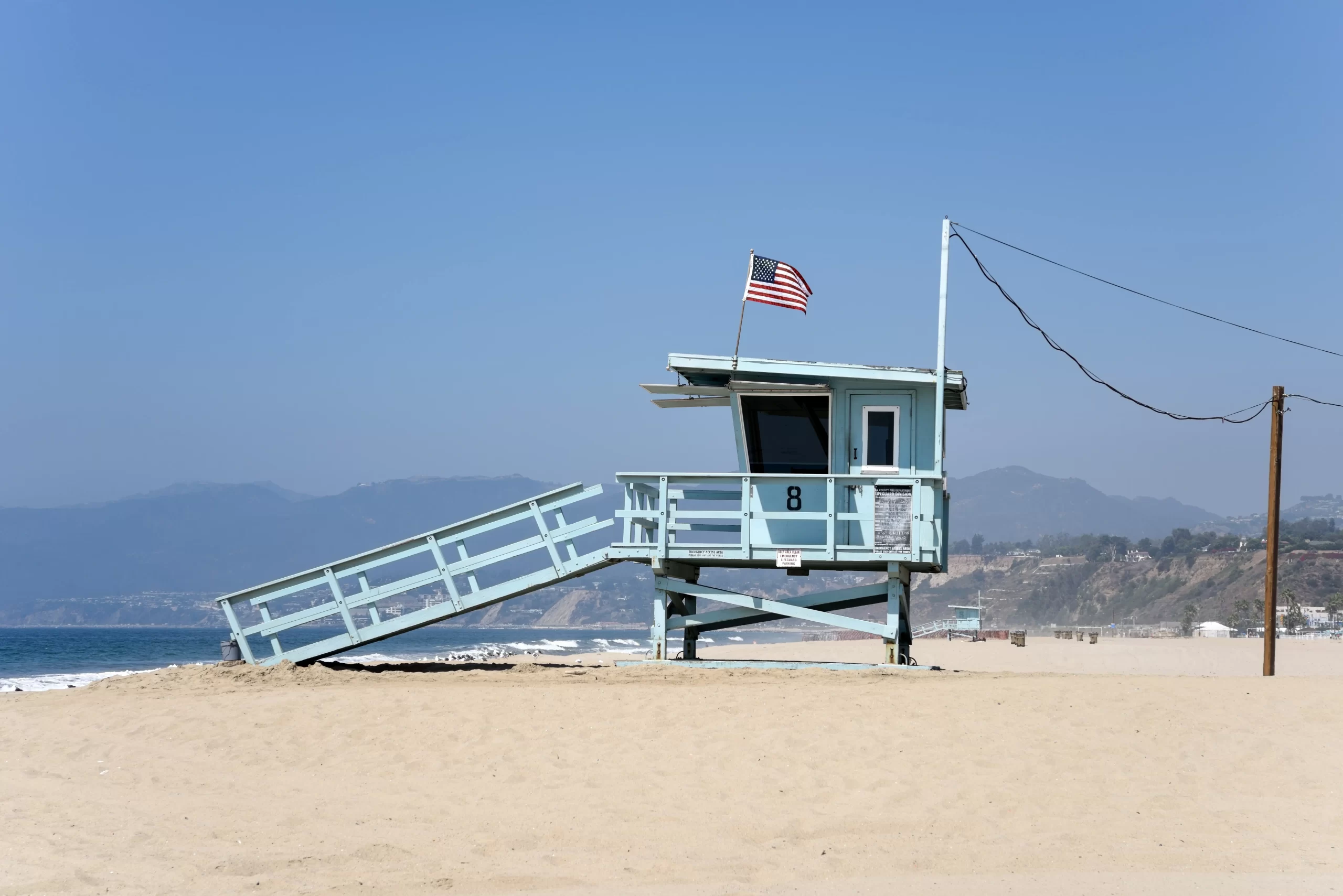 Turquoise Life guard tower on Santa Monica Beach